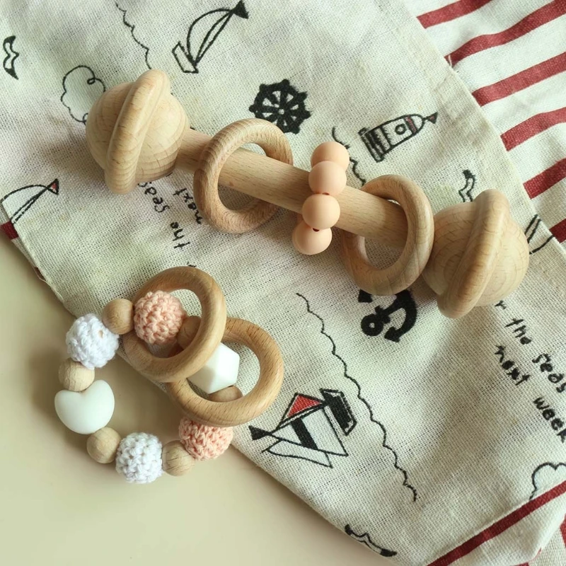 

3 Pcs/Set Baby Newborn Teething Bracelets Crochet Elk Soother Infants Wooden Beads Rattle Teether Nursing Toys