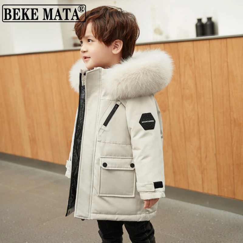 White Duck Down Jackets For Kids Boys 2021 Winter Long Style Toddler Boy Coat With Fur Thicken Warm Children Outerwear 2-11 Year