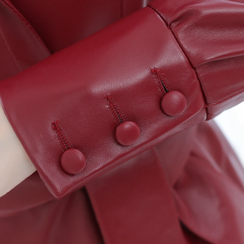 

Haoleiqiu new Haining sheep skin leather windbreaker women long single leather dress slim coat irregular