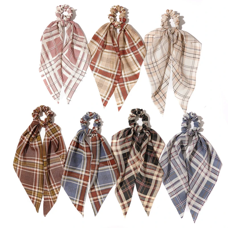 

Vintage Plaid Print Scrunchies Knotted Ponytail Streamers Hair Scarf Chiffon Square Scarf Headwear Long Ribbons Hair Tie