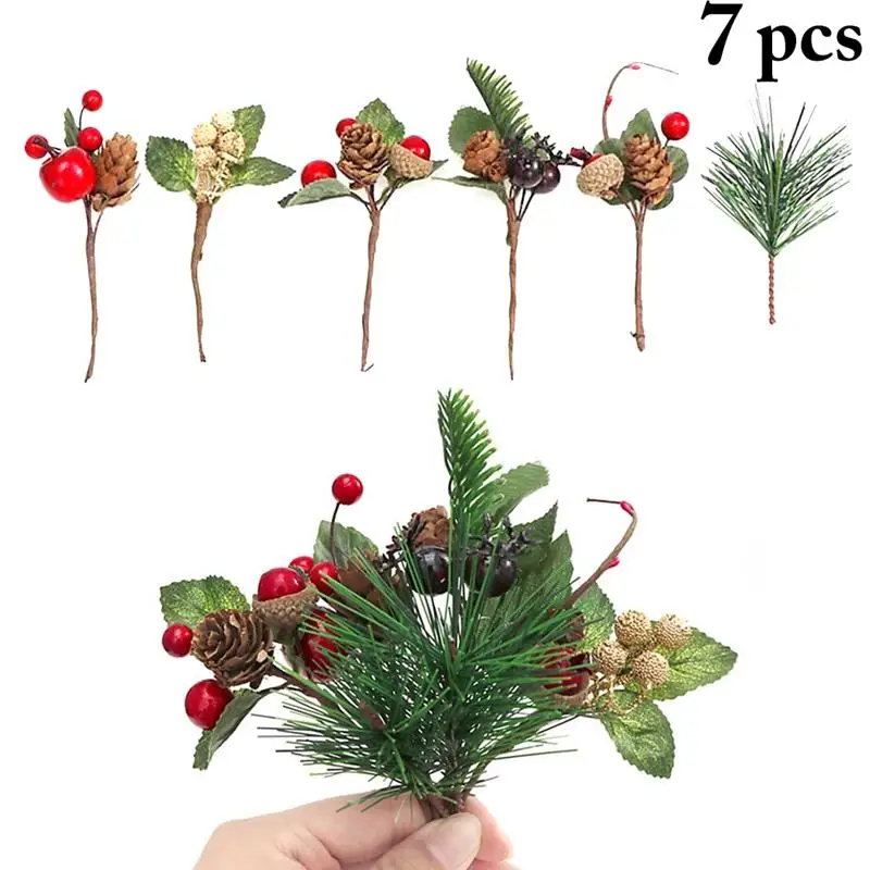 

7 шт. реалистичные рождественские ветки, искусственные реалистичные ягоды, фрукты, сосновые декорации, ветки, поддельные стебли, реквизит дл...