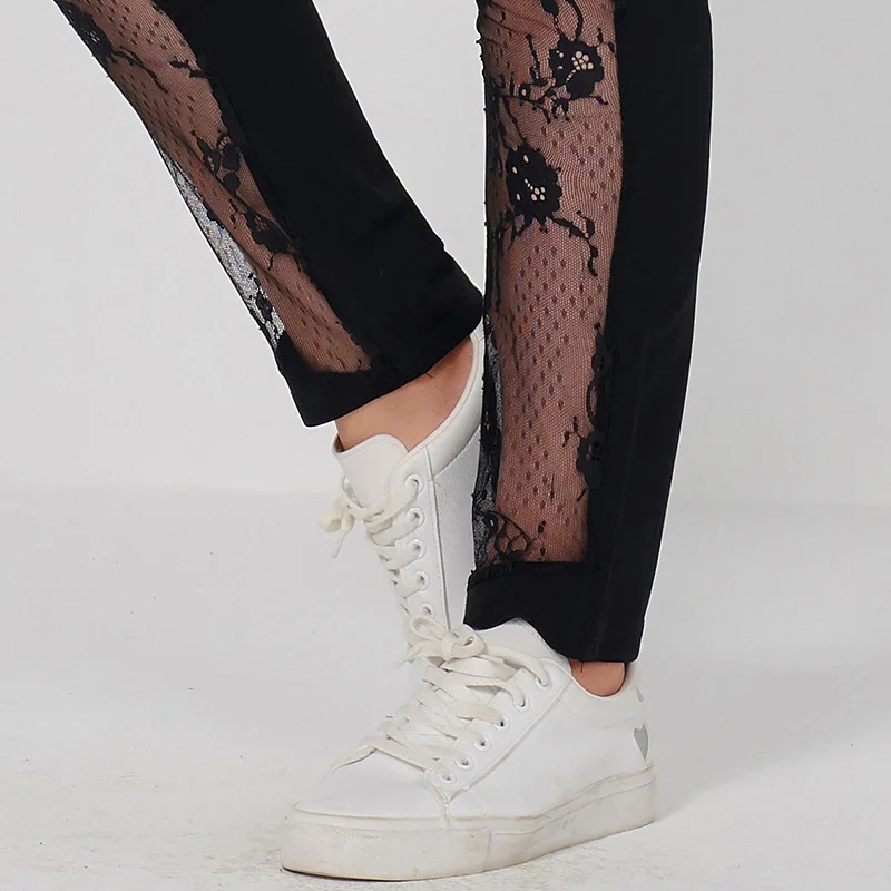 

2021 New Women's Summer Legging 3XL 4XL Black Hollow Floral Lace Patchwork Elastic Waist Stretchable Slim Sport Casual Pants