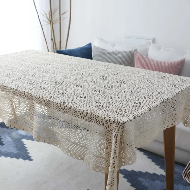 

1 Pcs Hollow Decorative Table Cloth Lace Tablecloth Rectangular Tablecloths Dining Table Cover ,140X160cm,Beige