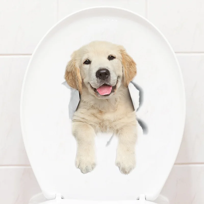 Cute Puppy Sticking Out Tongue Wall Stickers Bathroom Home Decoration Wallpaper Living Room Decor Mural 3D Dog Toilet Sticker
