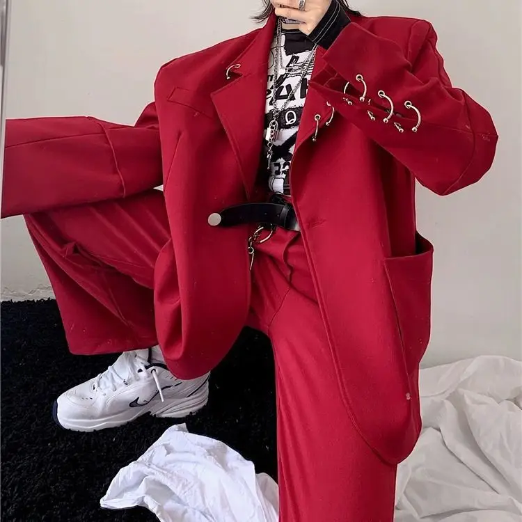 

2020 New Spring Autumn Women Suit Red Casual Blazer & High Waist Long Wide Leg Pant Fashion Female Set Street Korean 2 Piece Set
