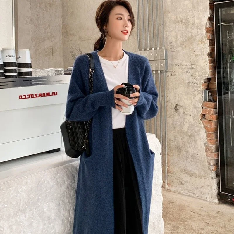 

Women's Oversized Knit Cardigan Long Casual Sweater Jacket Fall 2021 Fashion Blue Pocket Harajuku Vintage Cardigan Office Lady
