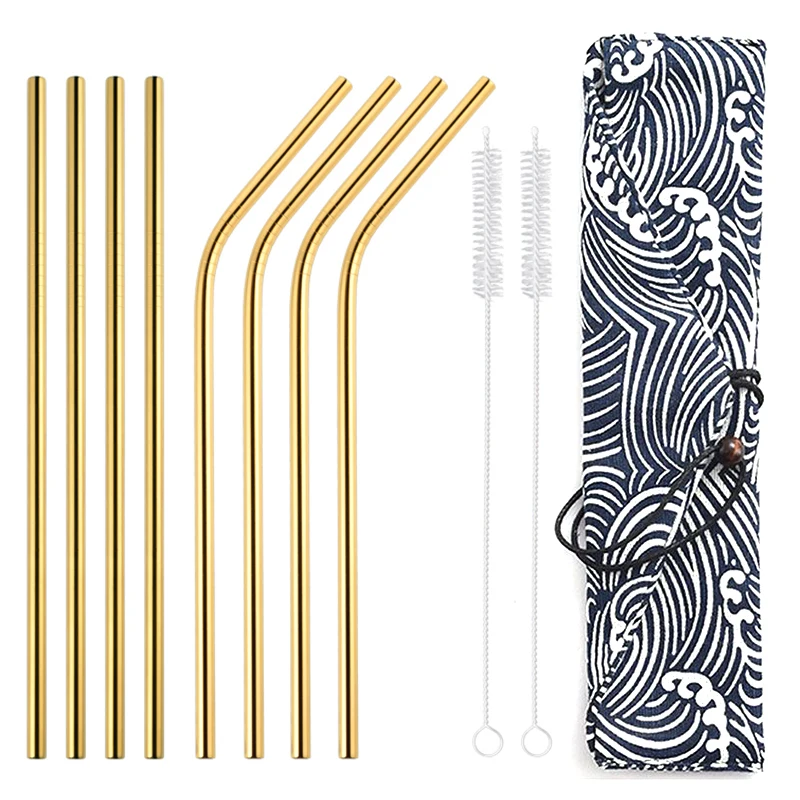 8pcs Gold 4/8 шт. Многоразовые Высокое качество питьевой соломы 304 Нержавеющая сталь металлическая соломинка с чистящая щетка и Сумка Бар вечерние аксессуар - Цвет: 8pcs Gold