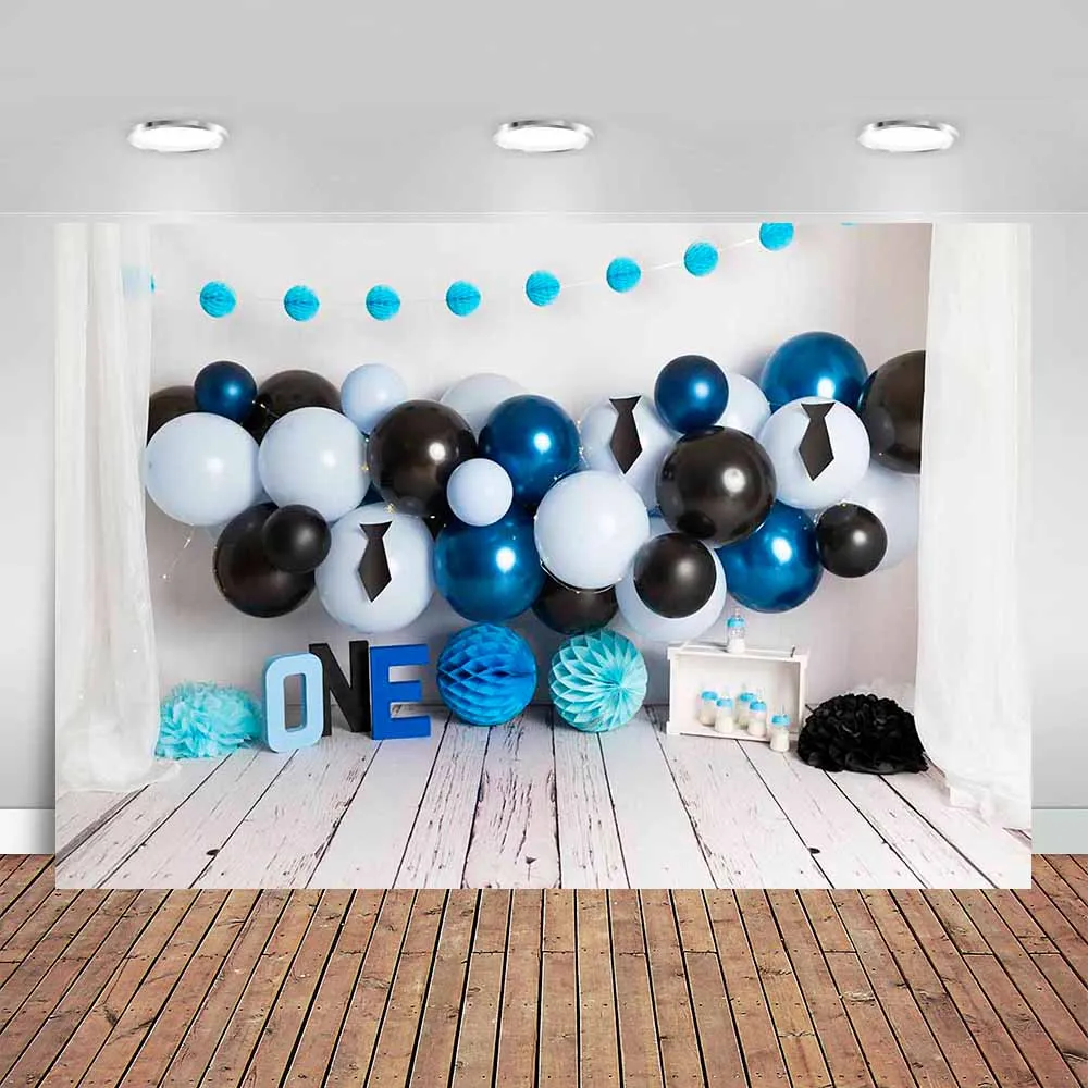 

Gentleman Boss Baby Boy 1st Birthday Photography Background Studio Home Cake Smash Backdrop Black Blue Balloon Banner Wood Floor