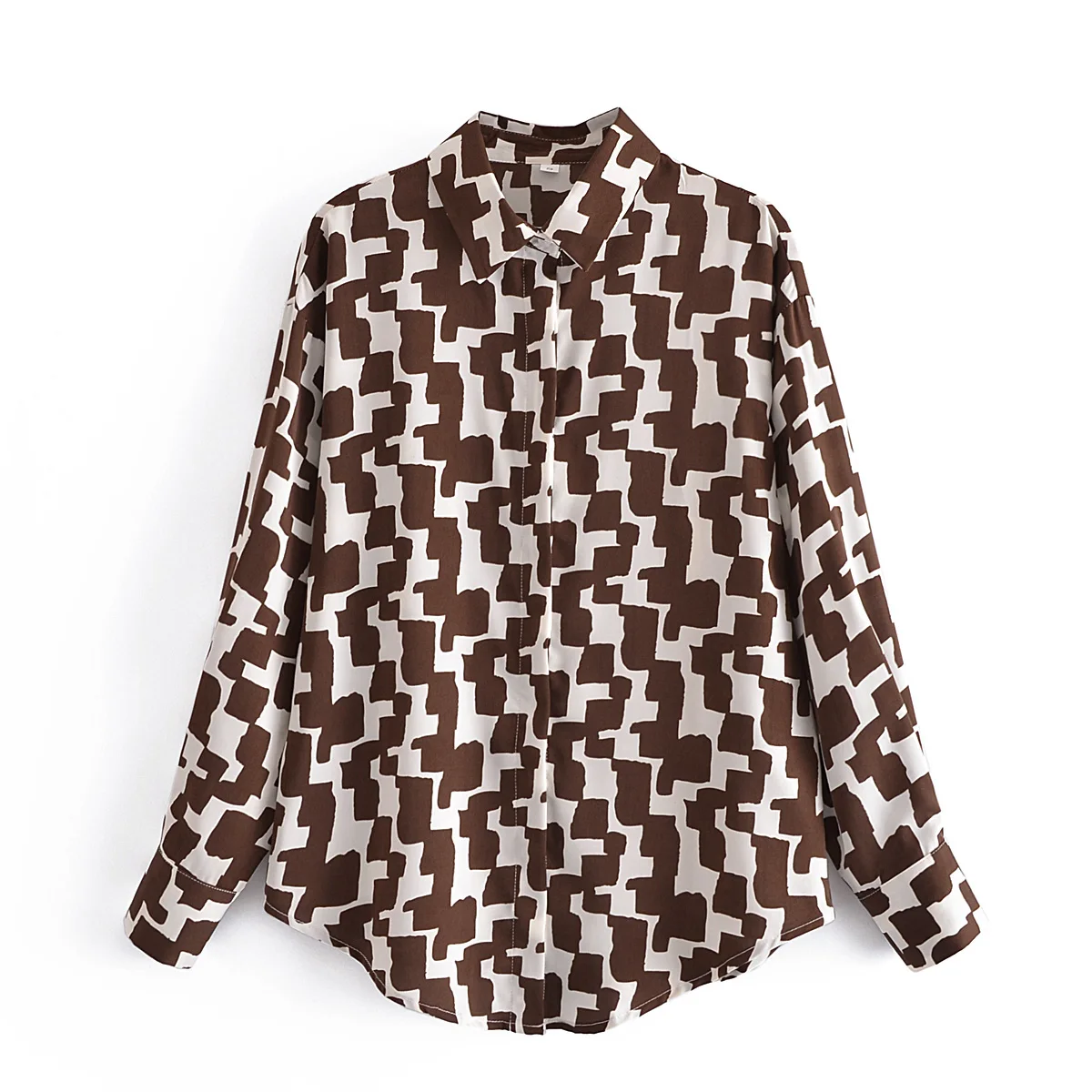 

Women's Classic Printed Brown White Multicolor Shirt Print Short Top Blouse for Summer and Autumn with Long Sleeve Casual Style