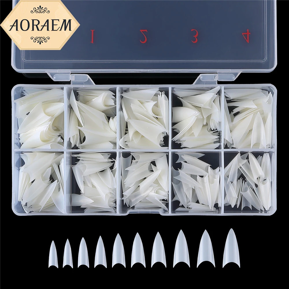 

AORAEM 500Pcs/Box Fake Nails Pointed Full Cover False Nail Tips Clear Nature Stiletto Acrylic Nails DIY Salon Manicure Supply