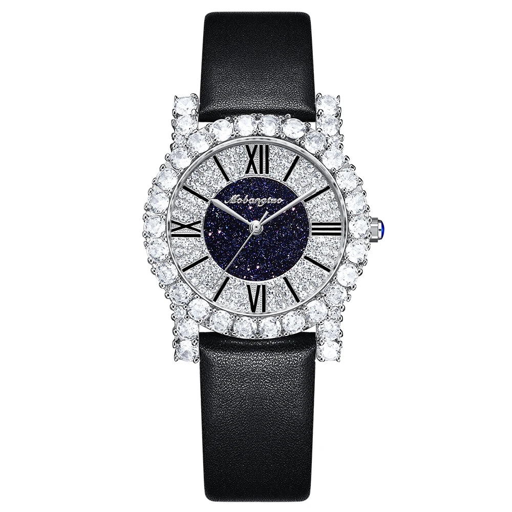 

Fashion Women Watches Broken Diamond Female Luxurious Leather Strap Watch Quartz Roman Numerals Clock Starry Diamond Dial Woman