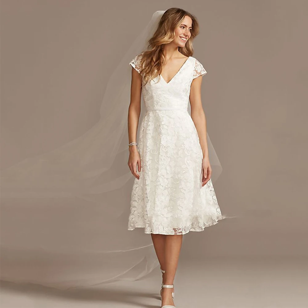 

Simple A Line Wedding Dresses Custom Made Tea Length V-Neck Cap Sleeve Zipper Bridal Gowns 2021 Vestidos De Noivas