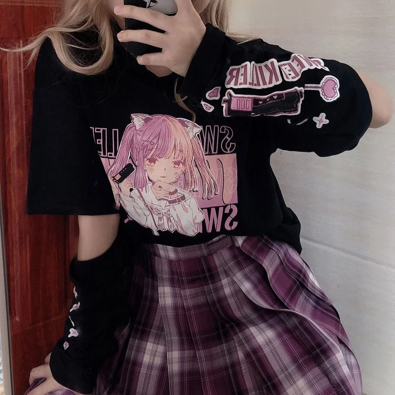 

Emo Streetwear Anime Print Graphic T Shirts Kawaii Tops For Women With Arm Cover E Girl Harajuku Aesthetic Y2k Alt Clothes