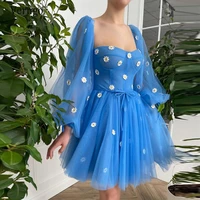verngo 2021 new blue tulle short prom dresses with removable puff long sleeves 3d flowers above knee length formal party gowns