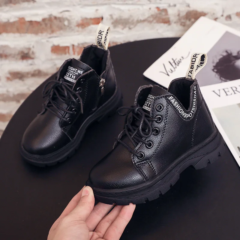 

Fashion Children's Martin Boots For Boys Girls Warm Cotton Kids Martin Boots Zipper Waterproof PU Leather Rubber Sole Winter New