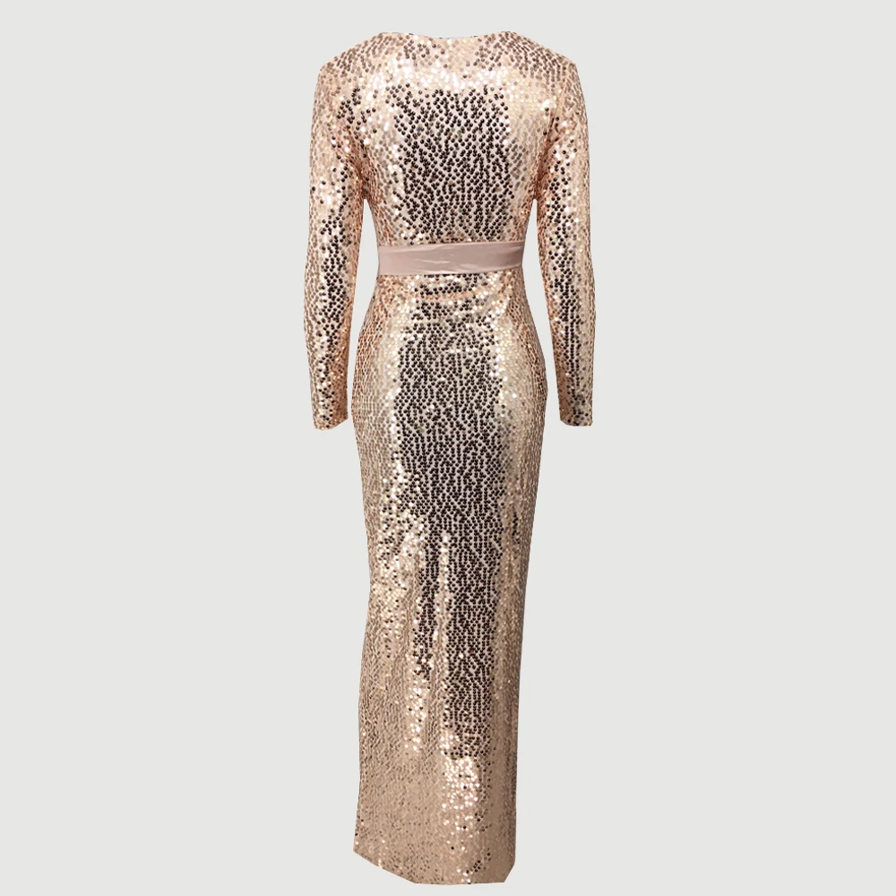 Женское вечернее платье с блестками длинное до пола V образным вырезом длинным