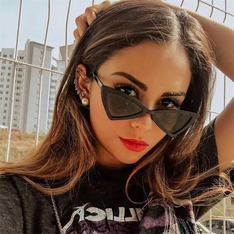 Черные треугольные женские очки от солнца кошачий глаз ретро плоские линзы