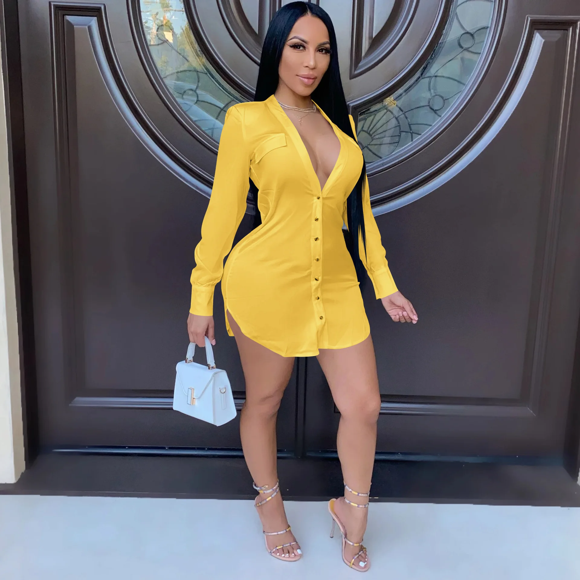 Женское сексуальное платье-рубашка с глубоким V-образным вырезом модное