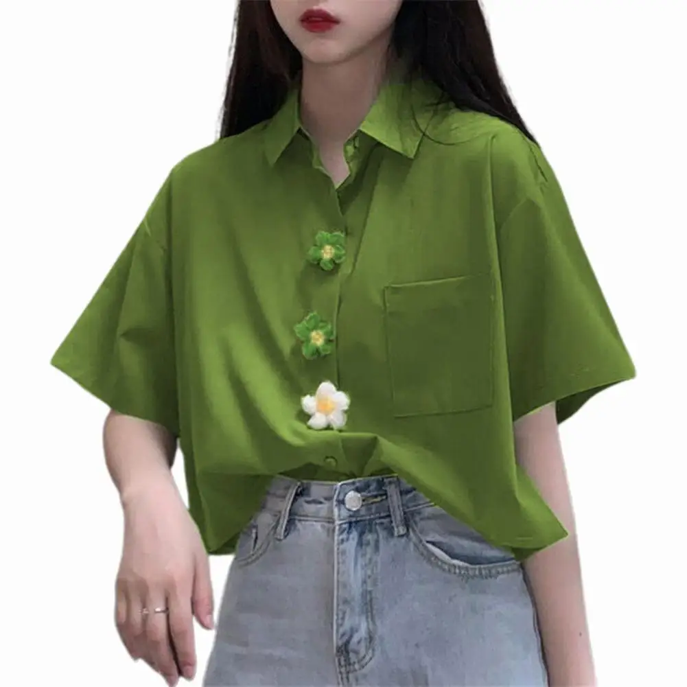 

Sweet Style Student Shirt Flower Solid Color Women Loose Buttons Blouse Tops for School Clothing