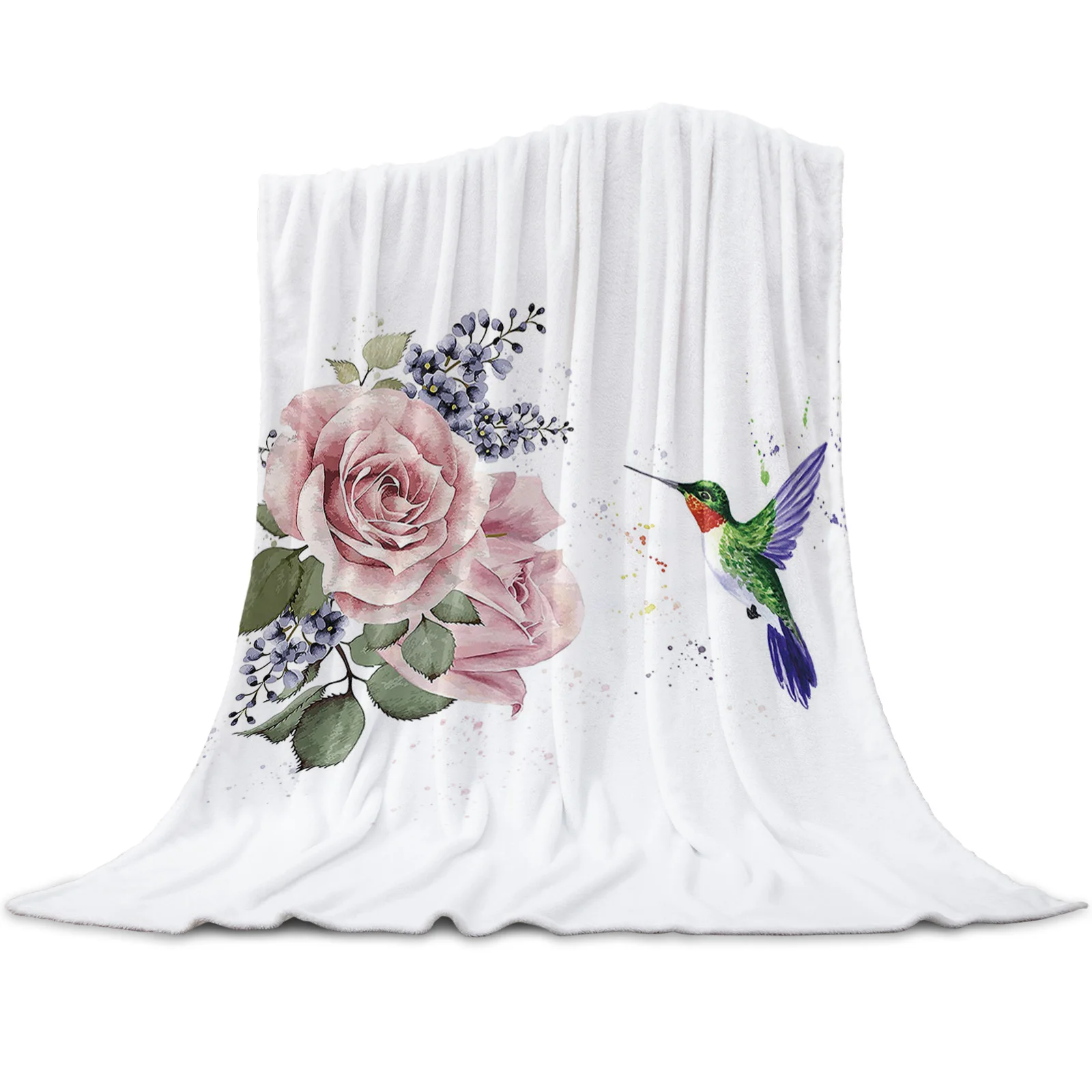 

Hummingbird Pink Flower White Printed Fleece Blanket Bed Throw Soft Bedspread Sheets Sofa Gift Customized Blankets