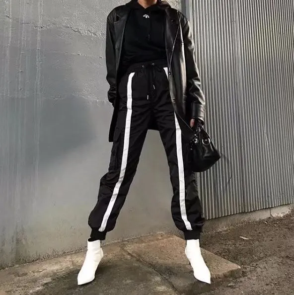 Джоггеры с высокой талией полосатые брюки черные модные женские повседневные