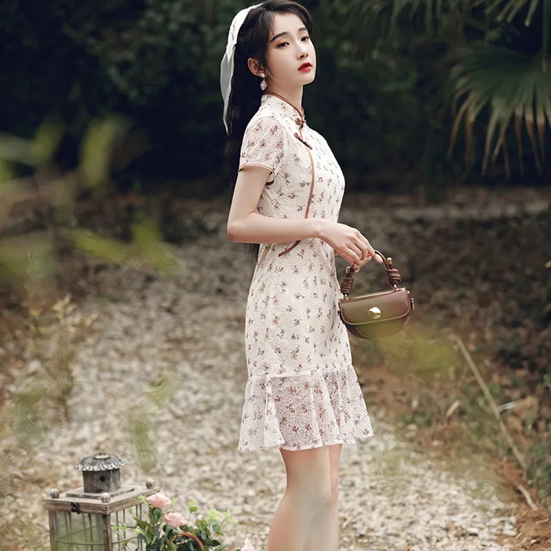 Женское винтажное шифоновое платье-Ципао с юбкой-годе традиционное элегантное