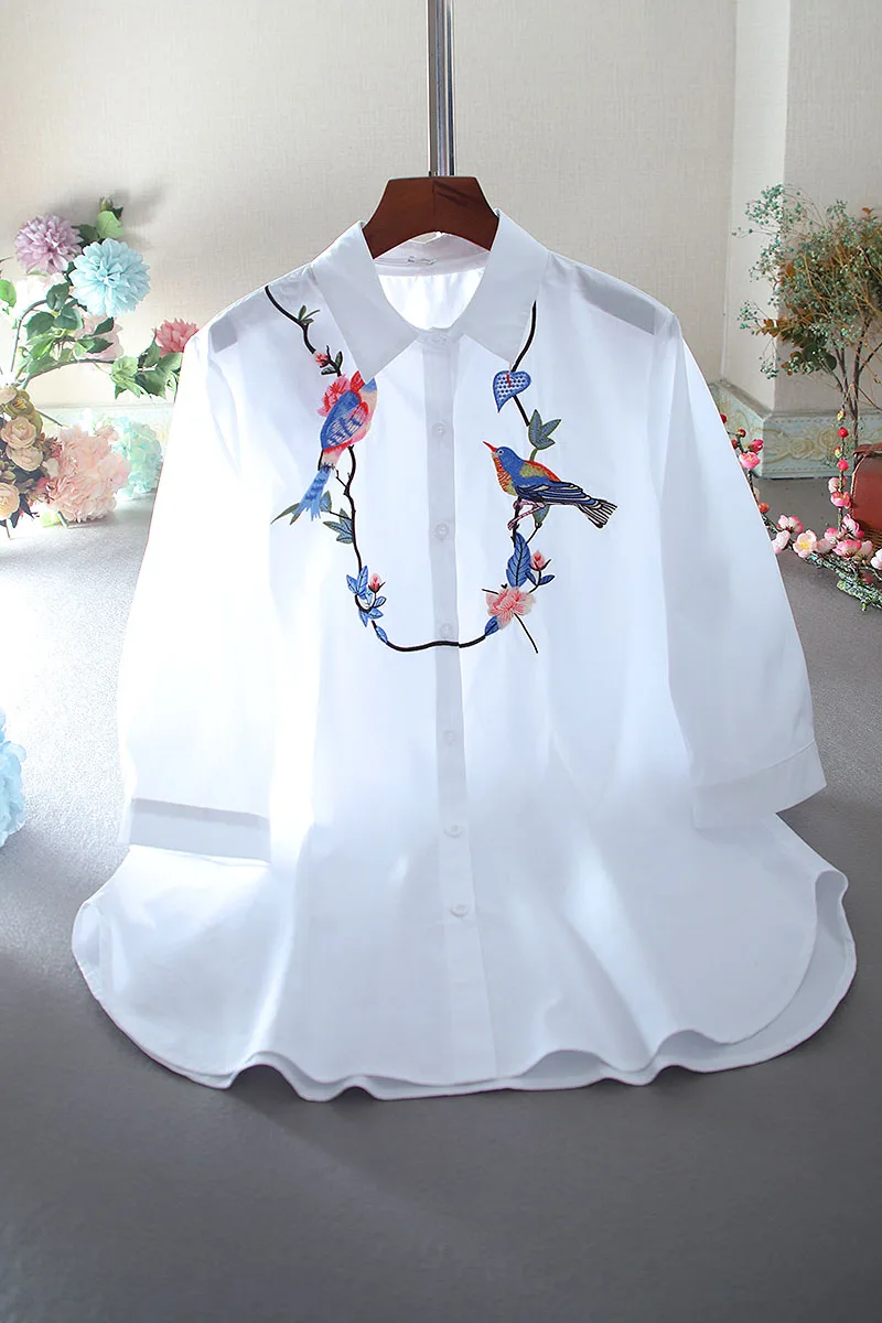 

SuperAen Retro Embroidery Long Loose Plus Size Cotton Shirt Blouse Spring Summer Women Tops