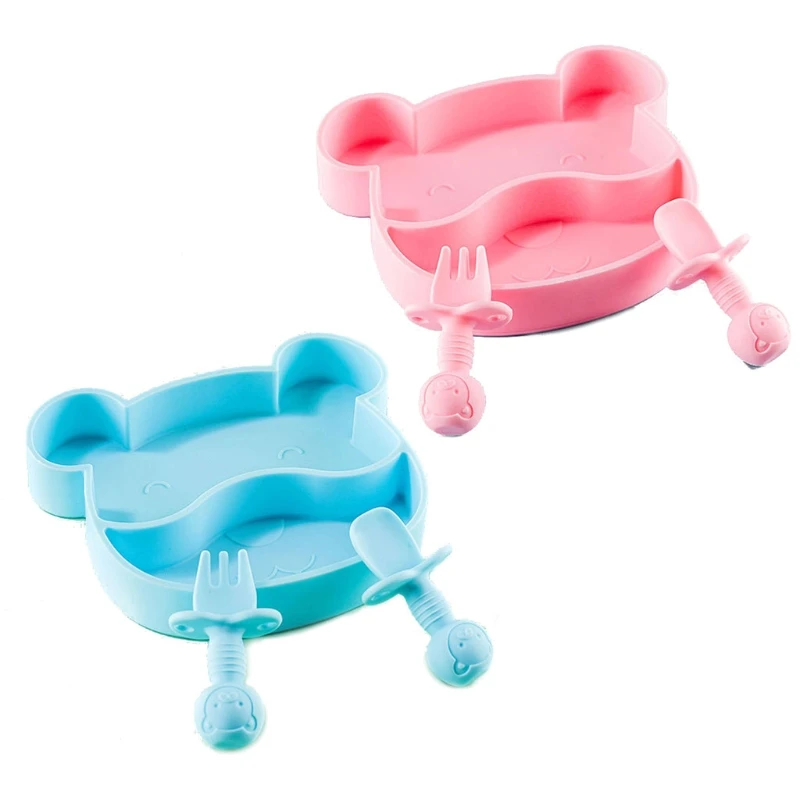 

Baby Silicone Plate Set Children Tableware Dish Portable Fork Spoon Kids Food Bowl Set
