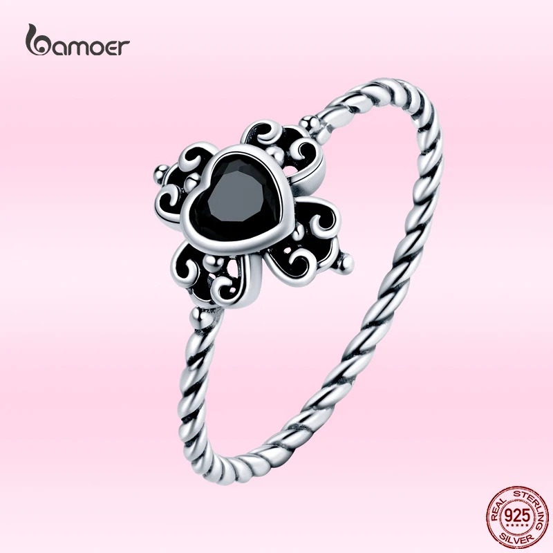 Bamoer Classic 925 Sterling Silver Vintage Spades Love Heart Ring for Women Noble Black Zircon Luxury Wedding Jewelry GXR746