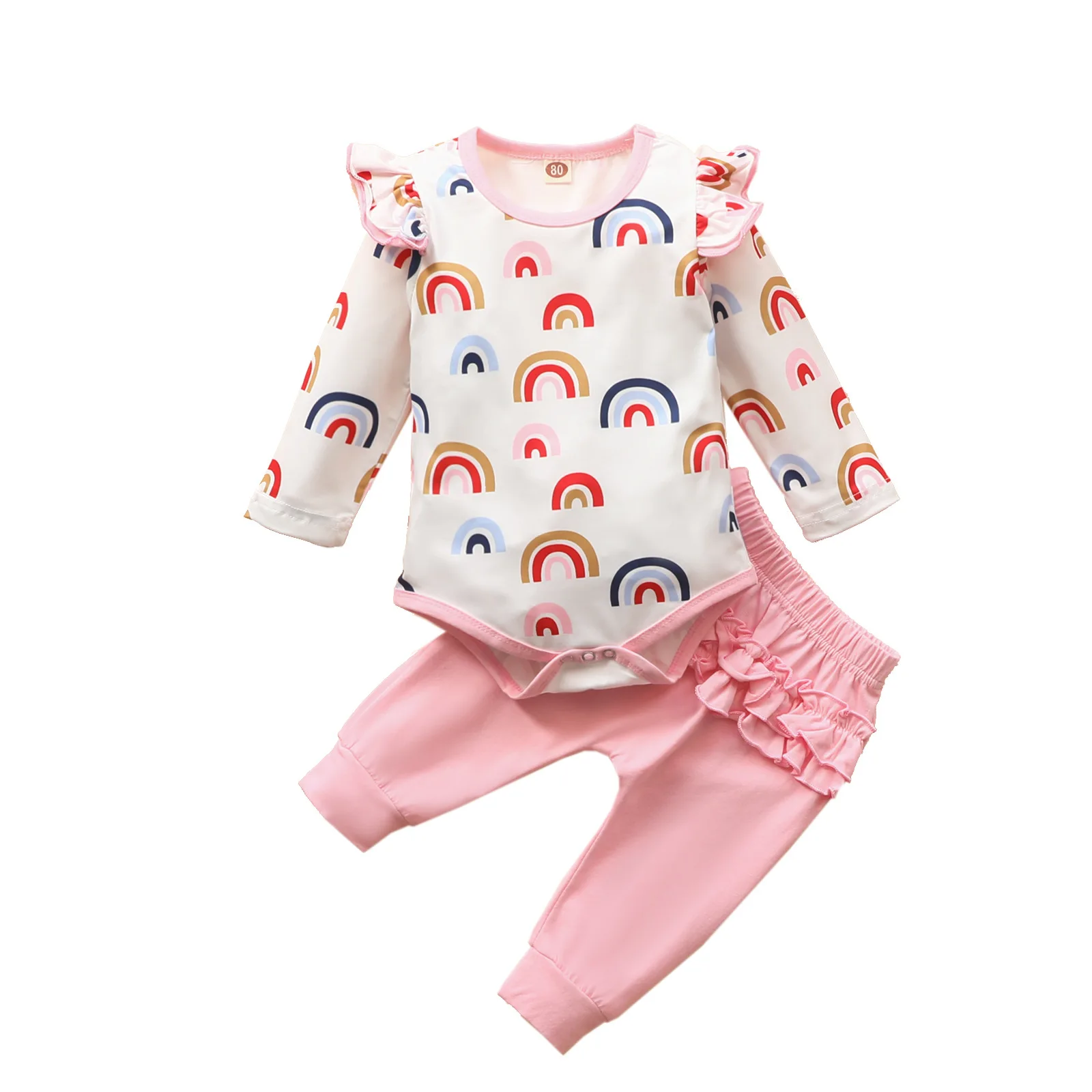

Autumn New Baby Girl Clothes Set European and American Cartoon Rainbow Print Romper Trousers Suit