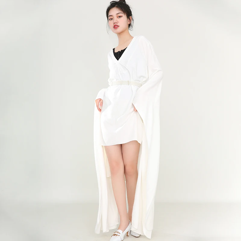 

[EAM] Women White Ribbon Irregular Back Long Dress New V-Neck Long Sleeve Loose Fit Fashion Tide Spring Summer 2021 1U68500