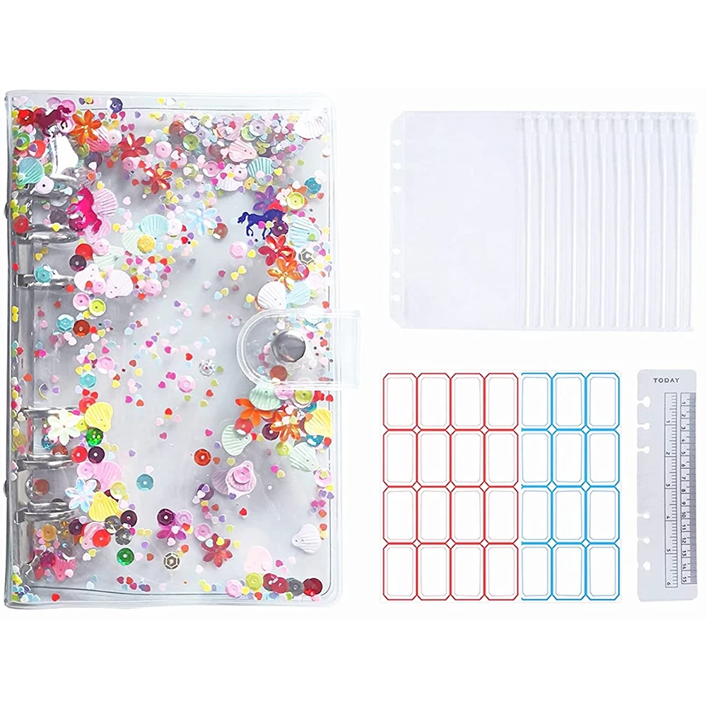 

A6 Budget Binder Cover Glitter Sequins Shells Cash Envelopes with 12pcs Clear PVC Loose Leaf Bags,2 Self-adhesive Label ,A Ruler