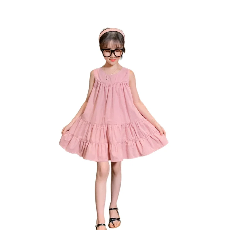 

10 12 Year Baby Girls Sleeveless Princess Dresses Summer Kids Solid Color Splicing Dress Girl Vest Dress Vestidos Child Clothing