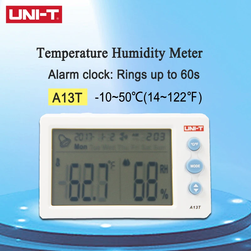 

UNI-T A13T Temperature Humidity Meter Indoor Temperature and Humidity Table Date/Week/Time/Alarm Clock Humidity Display