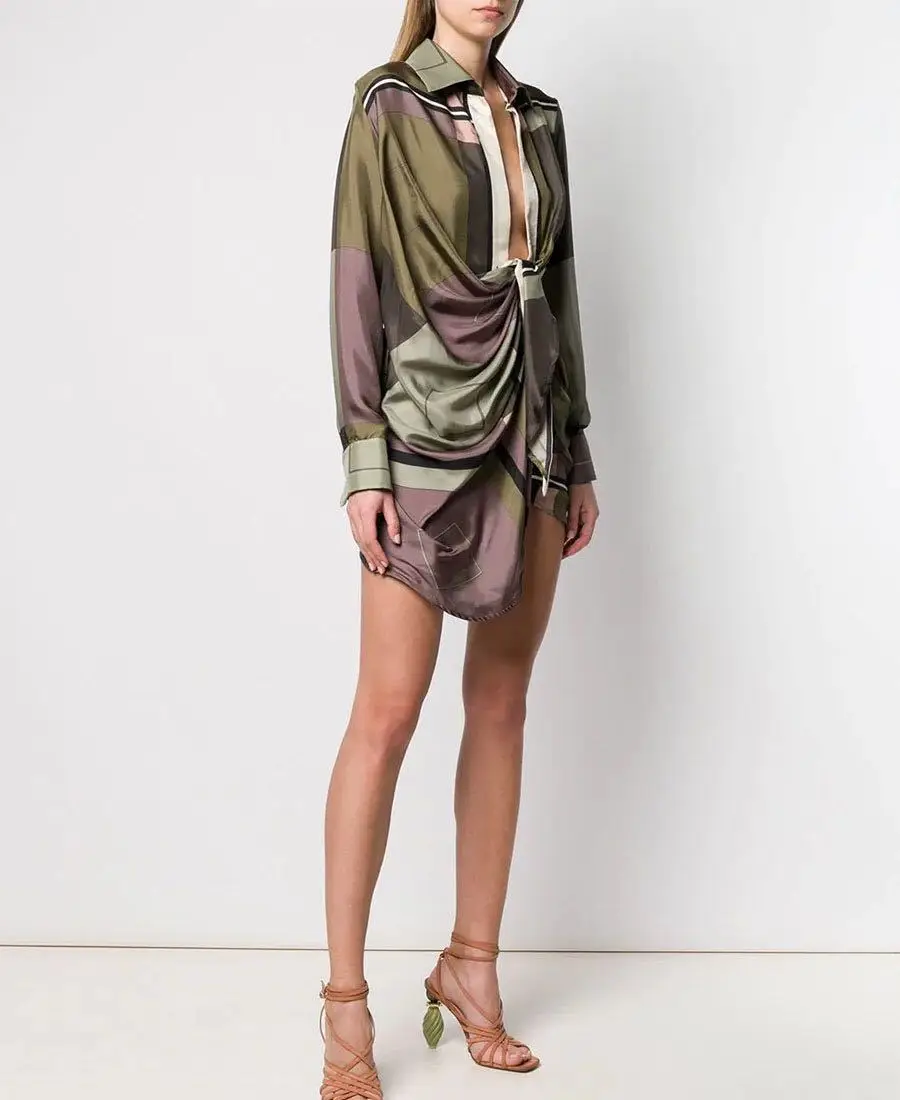 Printed Shirt Female Early Autumn New Geometric Color Block Personality Twisted Deep V Neck Shirt Dress