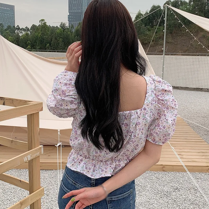 

Summer Women's V-Neck Floral Print Short Sleeve Blouses Top Sweet Pleated Casual Short Chiffon Shirt