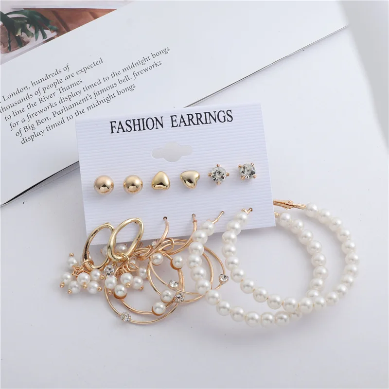 

2021 European and American set diamond love bean earrings metal pearl circle geometric exaggerated earrings