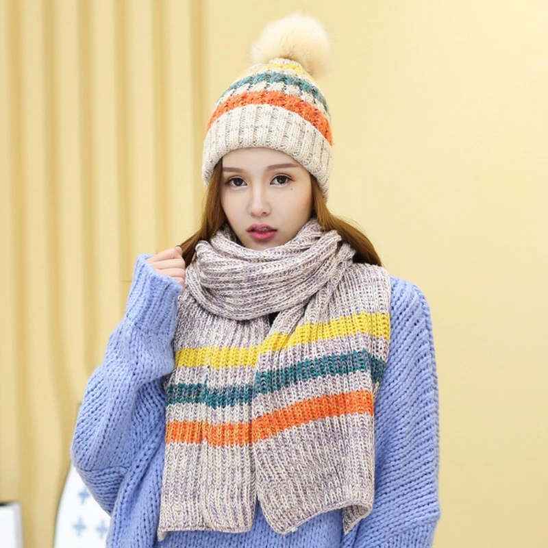 

Women Winter Crochet Knit 2Pcs Beanie Hat Long Scarf Shawl Wrap Set Contrast Color Striped Plush Lined Pompom Skull Cap