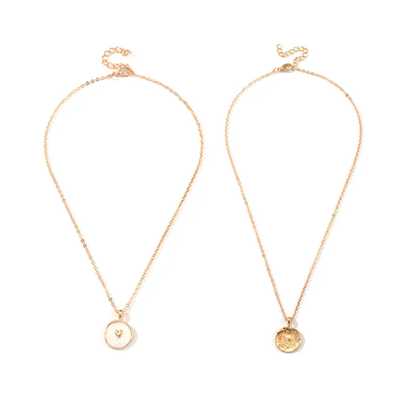 

Retro Color Coin Heart Print Enamel Pendant Necklaces for Women Simple Round Disc Layed Chokers Necklace Charming Jewelry2021