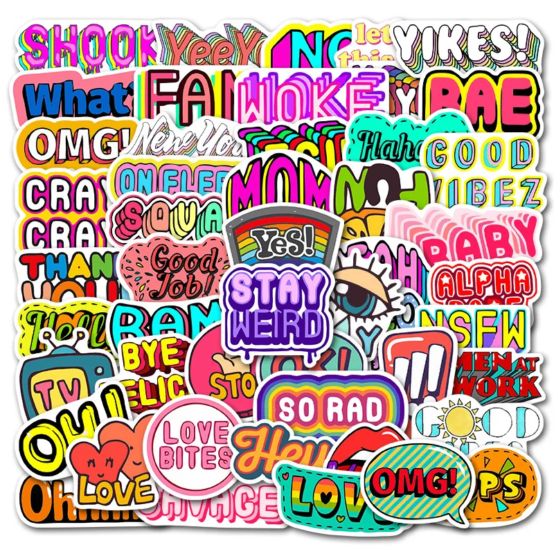50pcs set english words sticker decal surprise short sentence pegatina diy for pc phone skateboard bicycle laptop stickers free global shipping