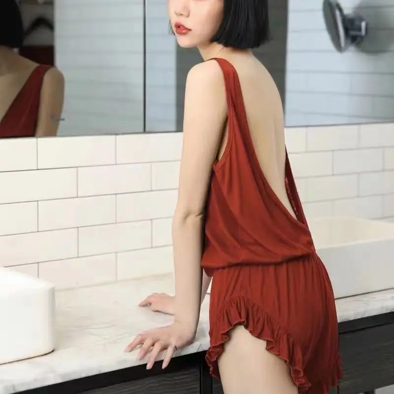 

Pajamas women summer sexy jumpsuit modal cotton camisole short sexy private house temptation halter home service