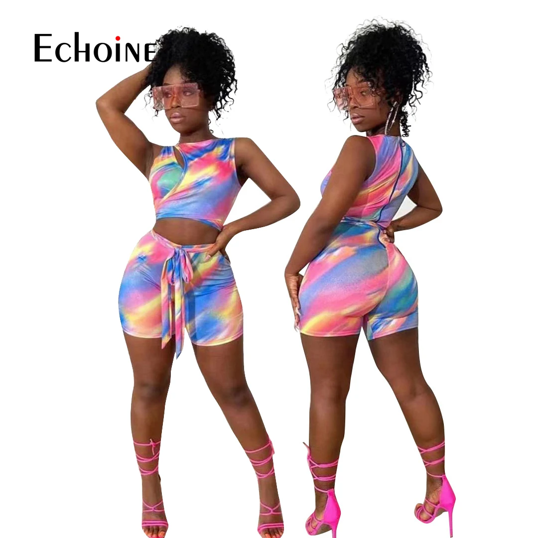 

Комбинезон Oluolin женский с принтом, ажурный бандажный костюм без рукавов, шорты с эластичным поясом и молнией на спине, летняя одежда