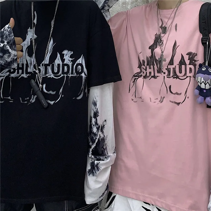 Woherb, Harajuku, футболка из двух частей, женская и Мужская модная уличная одежда, топы с буквенным принтом, повседневные топы с длинным рукавом, футболки