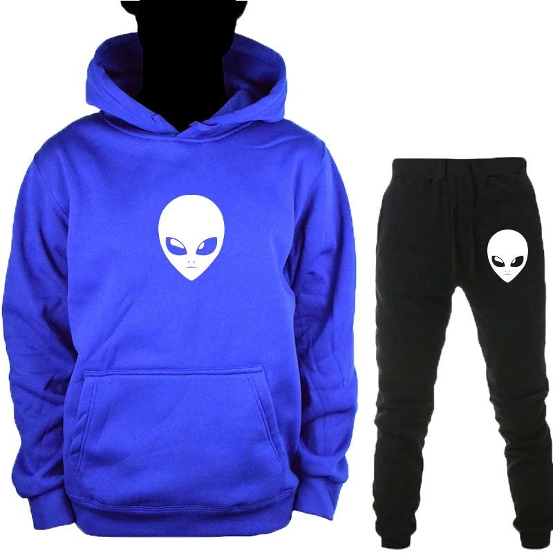 Blue-B-HeiK Alien толстовка с капюшоном+ брюки костюм для мужчин женщин осень зима пуловер Толстовка Топы с принтом по всему миру спортивный костюм повседневная одежда - Цвет: Blue-B-HeiK