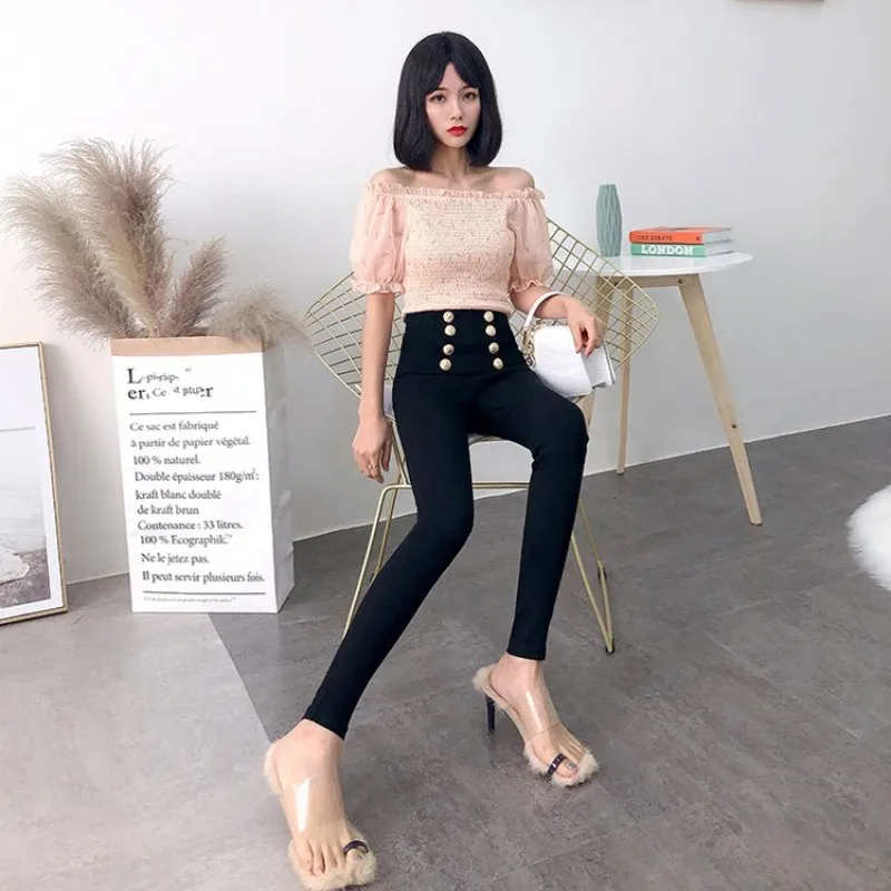 

Sexy Ladies Slim Fit Push Up Pencil Pants Double Breasted High Waist Skinny Stretchy Pants Women Buttons Casual Black Trousers