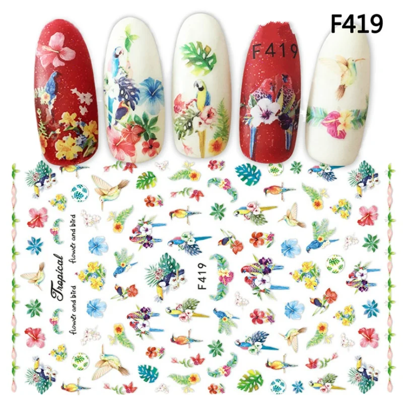 

2Pcs Parrot Adhesive Nail Art Stickers Ultrathin Plants Decals Nature Bird Spring Nails Design New Arrival Manicure Accesoires