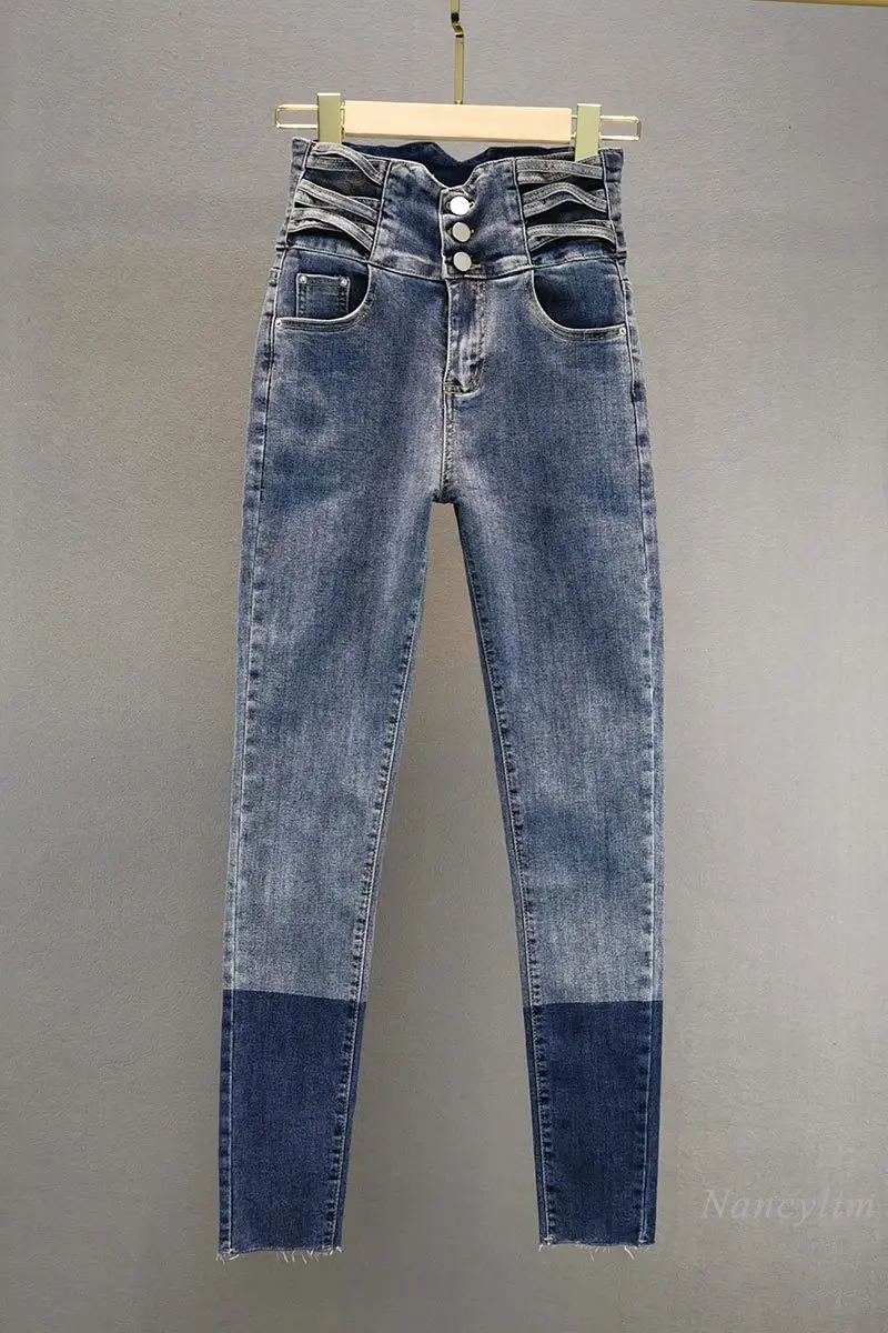 

Color Patch High Waist Blue Jeans Women's 2021 Spring New Slim Fit Stretch Pencil Pants Blue Denim Trousers