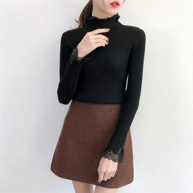 Женский свитер осень-зима кружевной полувысокий воротник с длинными рукавами