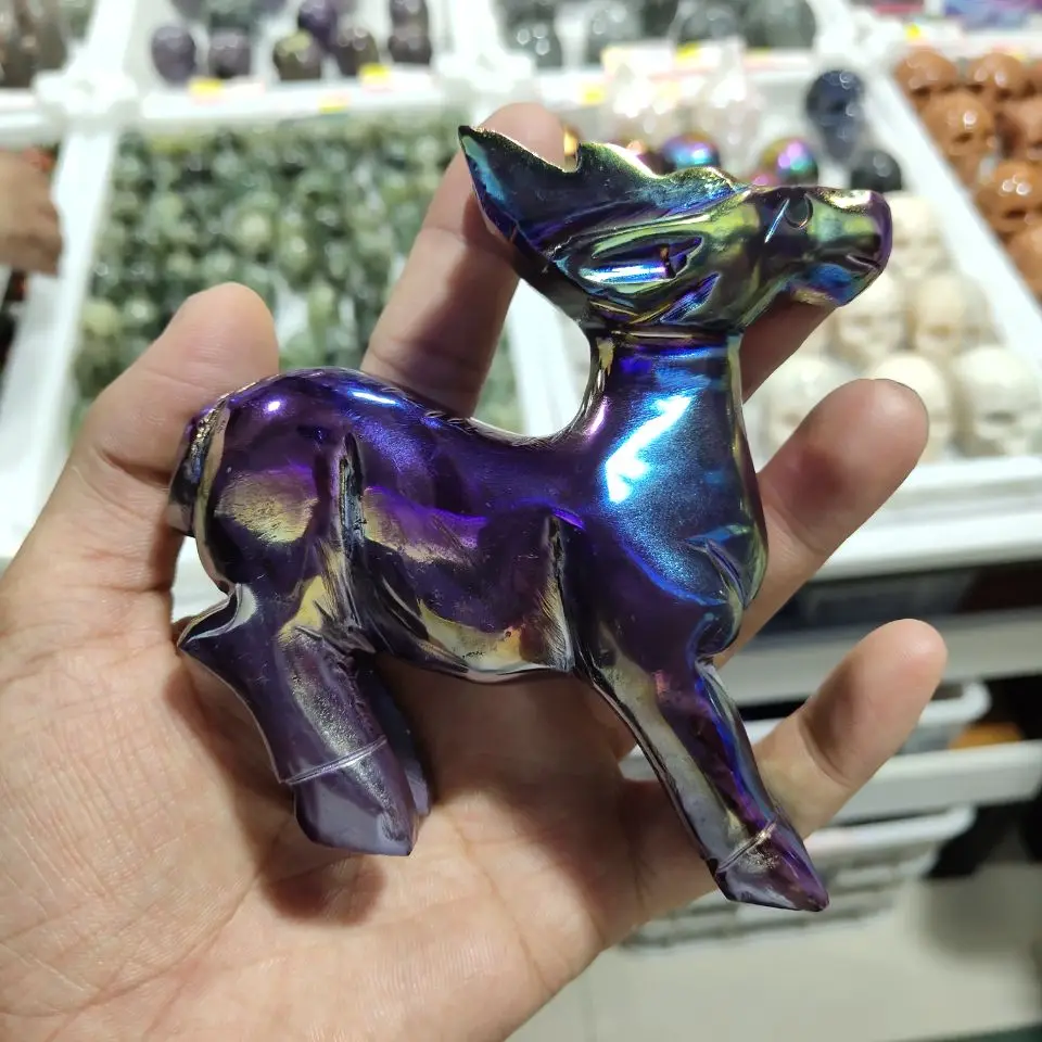 

Angel Aura Stone Deer Rainbow Electroplating Crystal Good Carved Reiki Healing Home Decoration Random