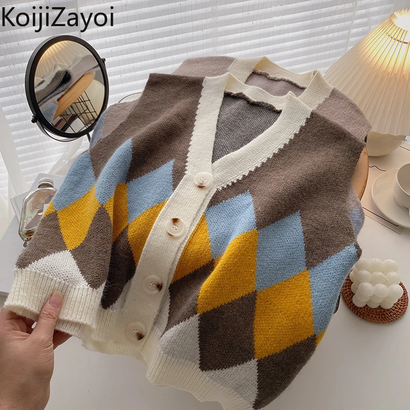 

Женский винтажный трикотажный свитер в клетку Koijizayoi, осенне-зимняя женская модная Толстая майка без рукавов с V-образным вырезом, свободные ...